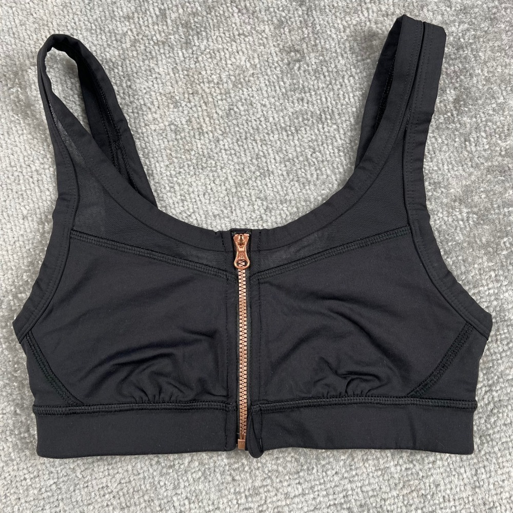 Lululemon Black Front Zip Sports Bra Rose Gold Hardware Size 4 Mesh Run lift
